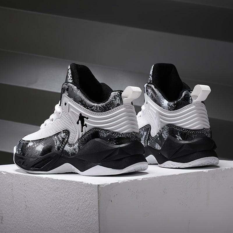 Youth Mid-Top Basketball Sneakers with Splatter Paint Design Durable PU Breathable Fabric Casual Outdoor Training