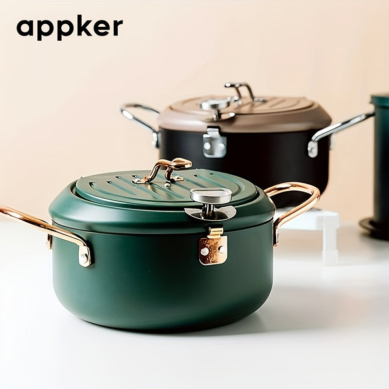 Deep Fryer with Thermometer Non-Stick Carbon Steel Large Green Pan Lid and Oil Drip Rack