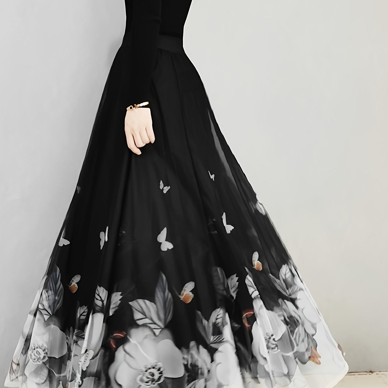 Women's Maxi Skirt with Floral and Butterfly Print Ruffle Hem Polyester All-Season