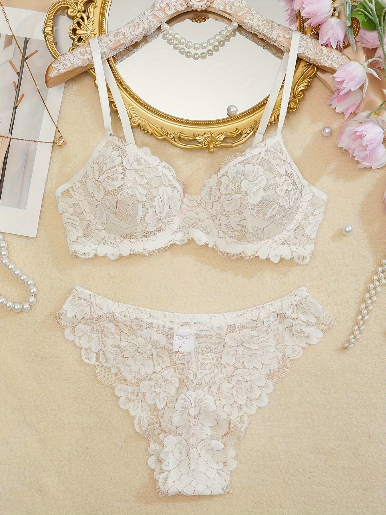 Women's Maroon Floral Lace Bra and Panty Set with Scalloped Edges and Soft Polyester Elastane Blend