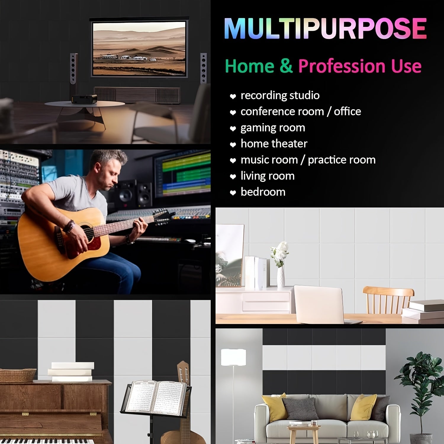 HERTBER 28-Pack самоклеящиеся акустические пенопанели (30.48x30.48x1.02 см) для звукоизоляции в доме, студии и офисе. Идеально подходит для звукозаписывающих студий, театров и концертных залов.