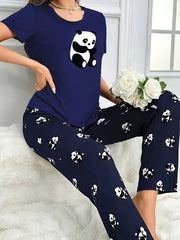 Adult Panda Print Pajama Set with Cartoon Pattern, 100% Polyester, Fall Casual Sleepwear