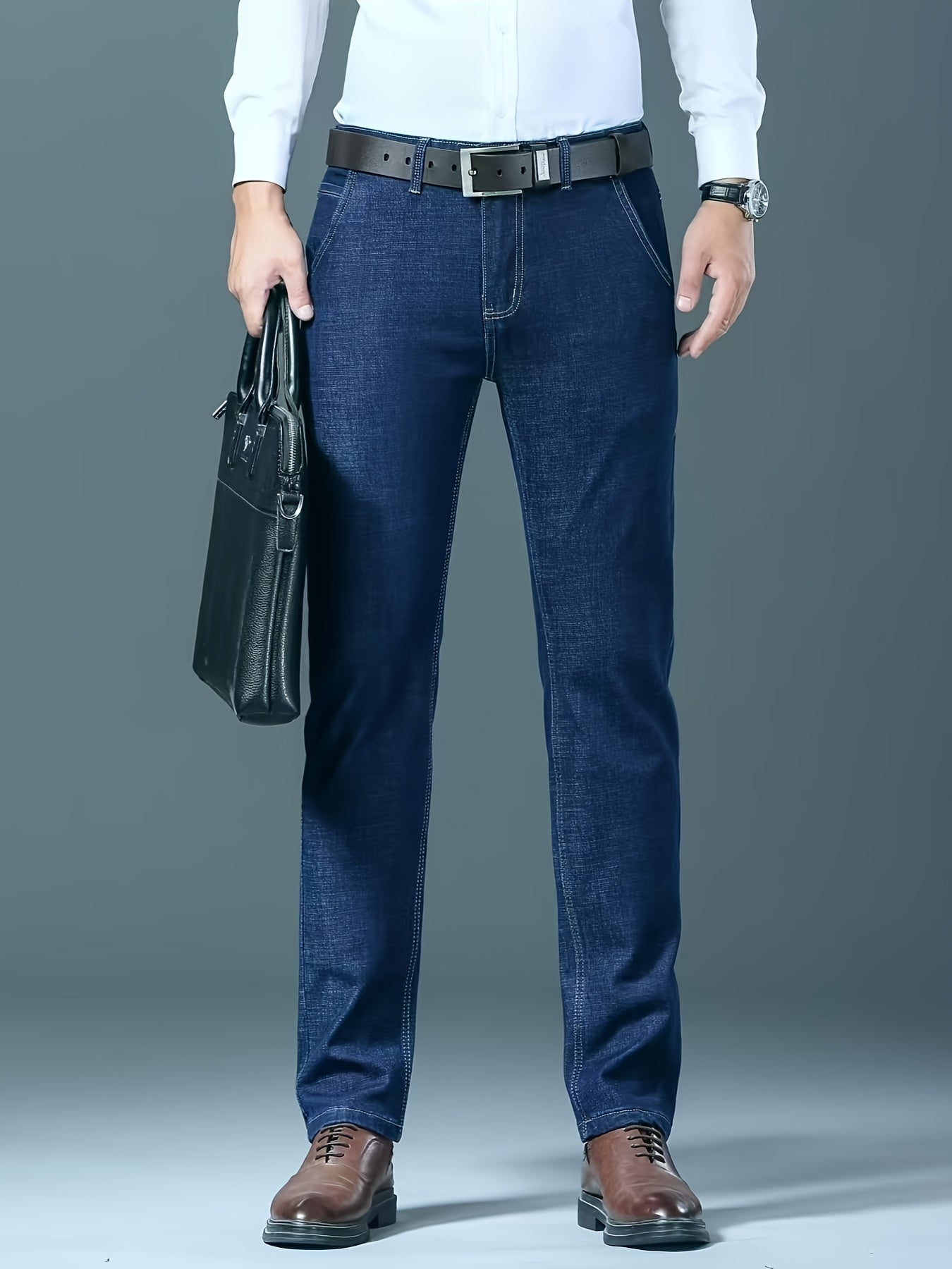 Men's Dark Blue Slim Fit Jeans Casual Pants for Autumn Winter All-Season
