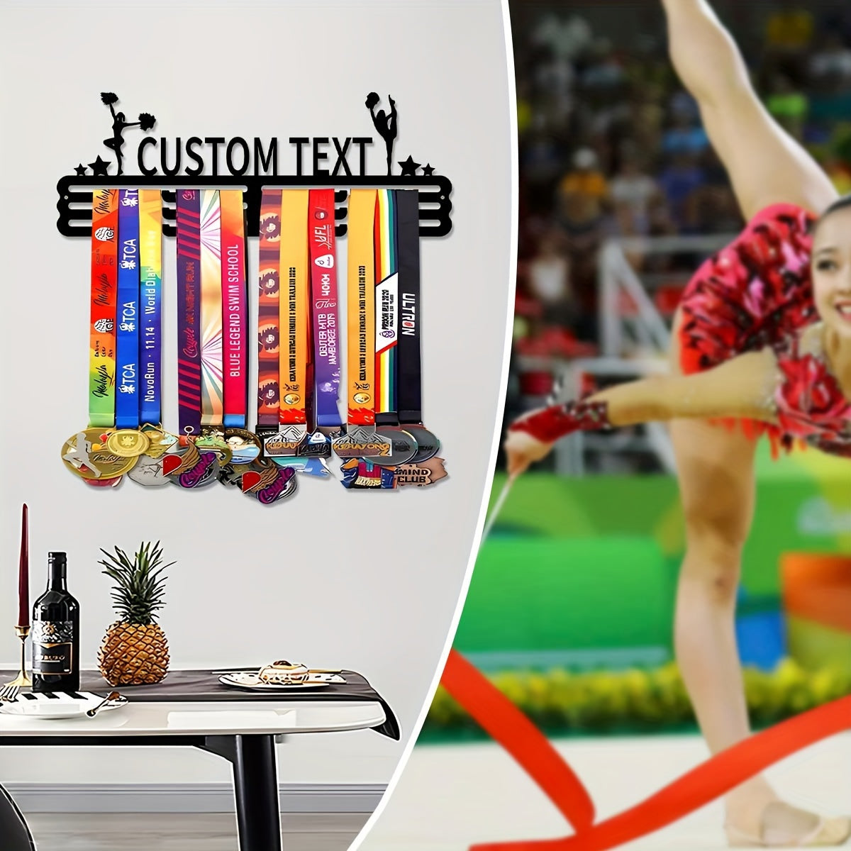 Black Art Deco Style Wall Mount Medal Display Rack with Hooks for Home and Outdoor Decor