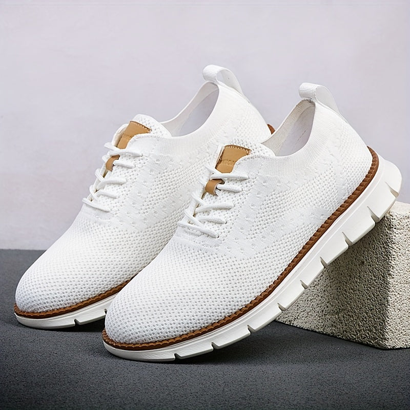 Men's Breathable Knit Business Casual Shoes Beige Brown Leather Upper EVA Sole Round Toe All-Season