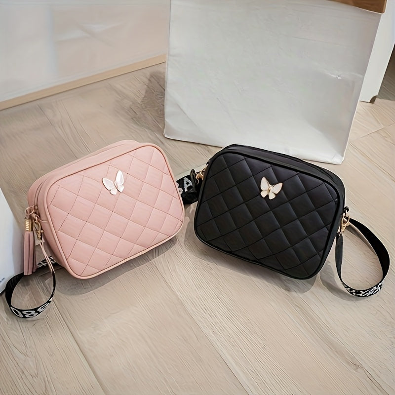 Girls Crossbody Bag PVC Diamond Lattice Adjustable Zipper Casual Fashion