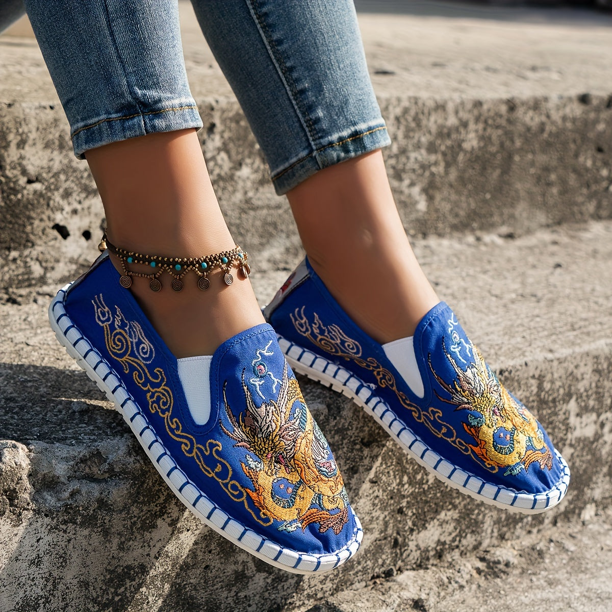 Women's Embroidered Animal Print Slip-On Flats Blue and Gold