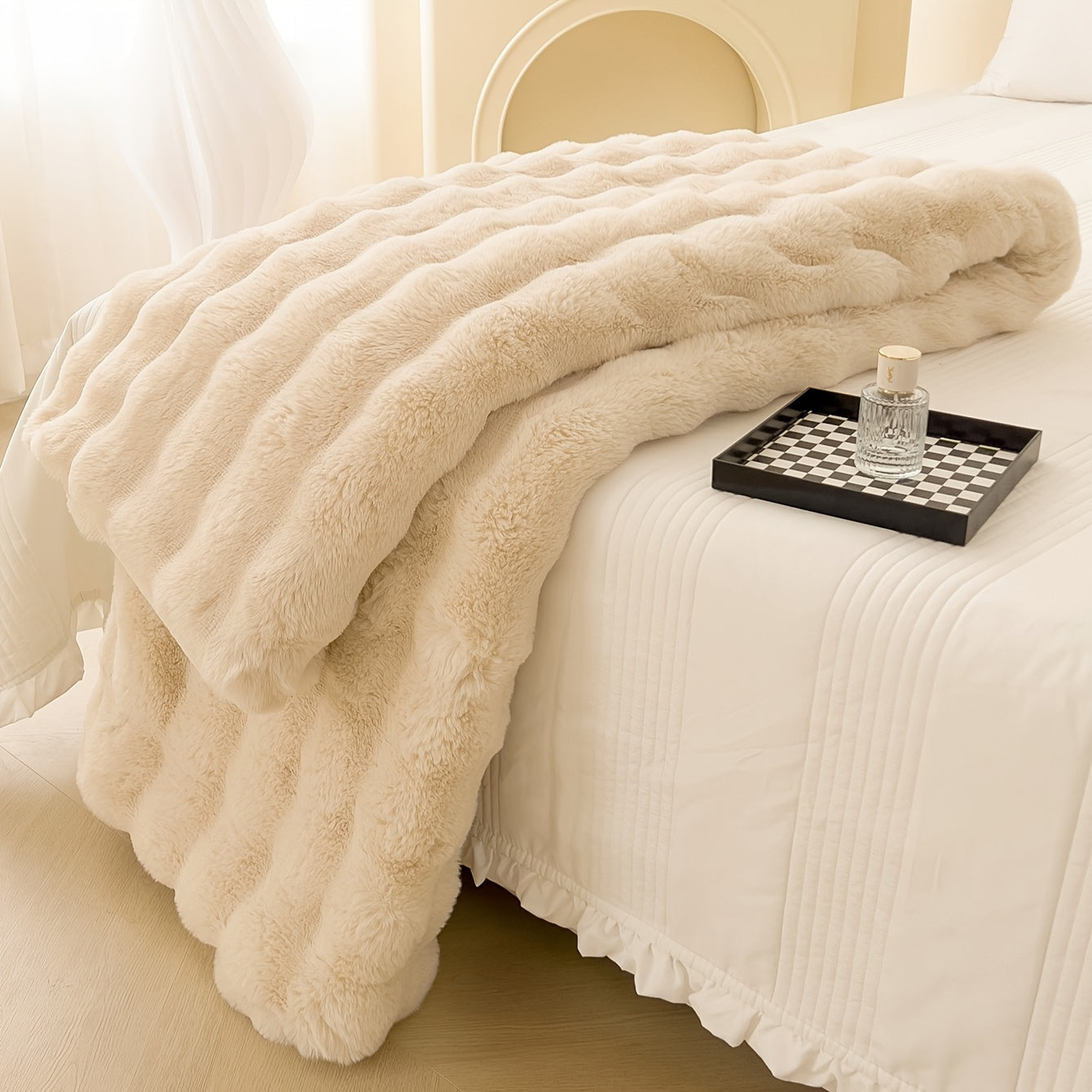 Polyester Faux Rabbit Short Plush Bed Blanket Solid Color Multi-Purpose All Seasons