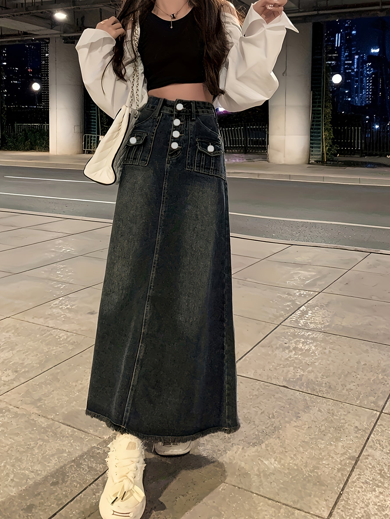 Women Denim Midi Skirt High-Waist Button Frayed Hem Casual Spring Summer Fall
