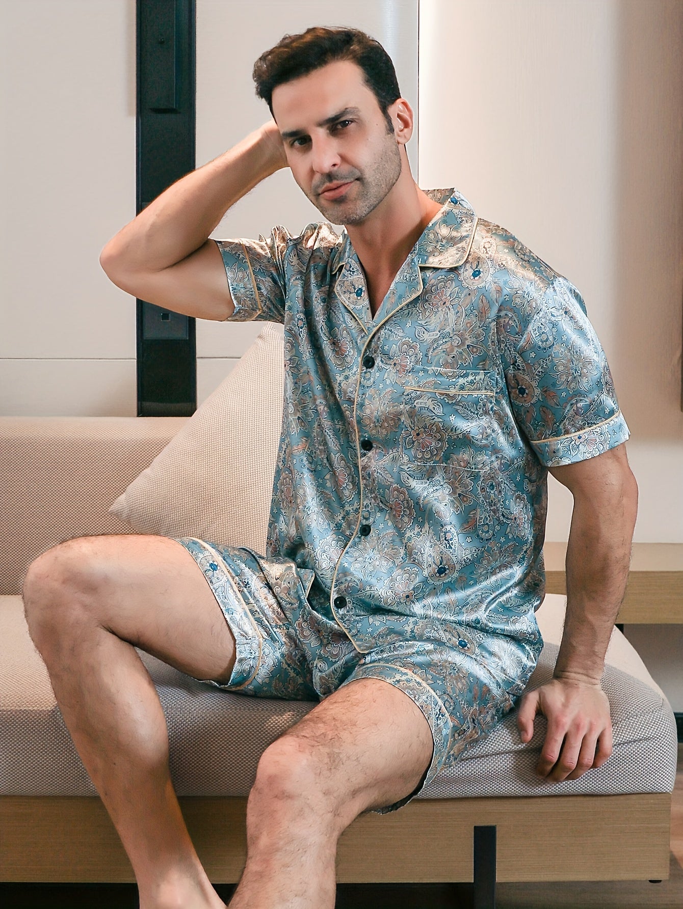 Men's Short Sleeve Floral Print Pajama Set for Summer with Polyester Fabric