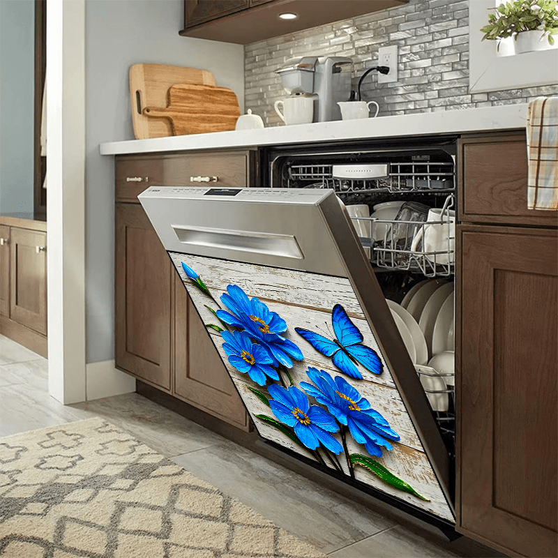 Blue Floral Butterfly Waterproof Vinyl Decal Sticker for Kitchen Appliances