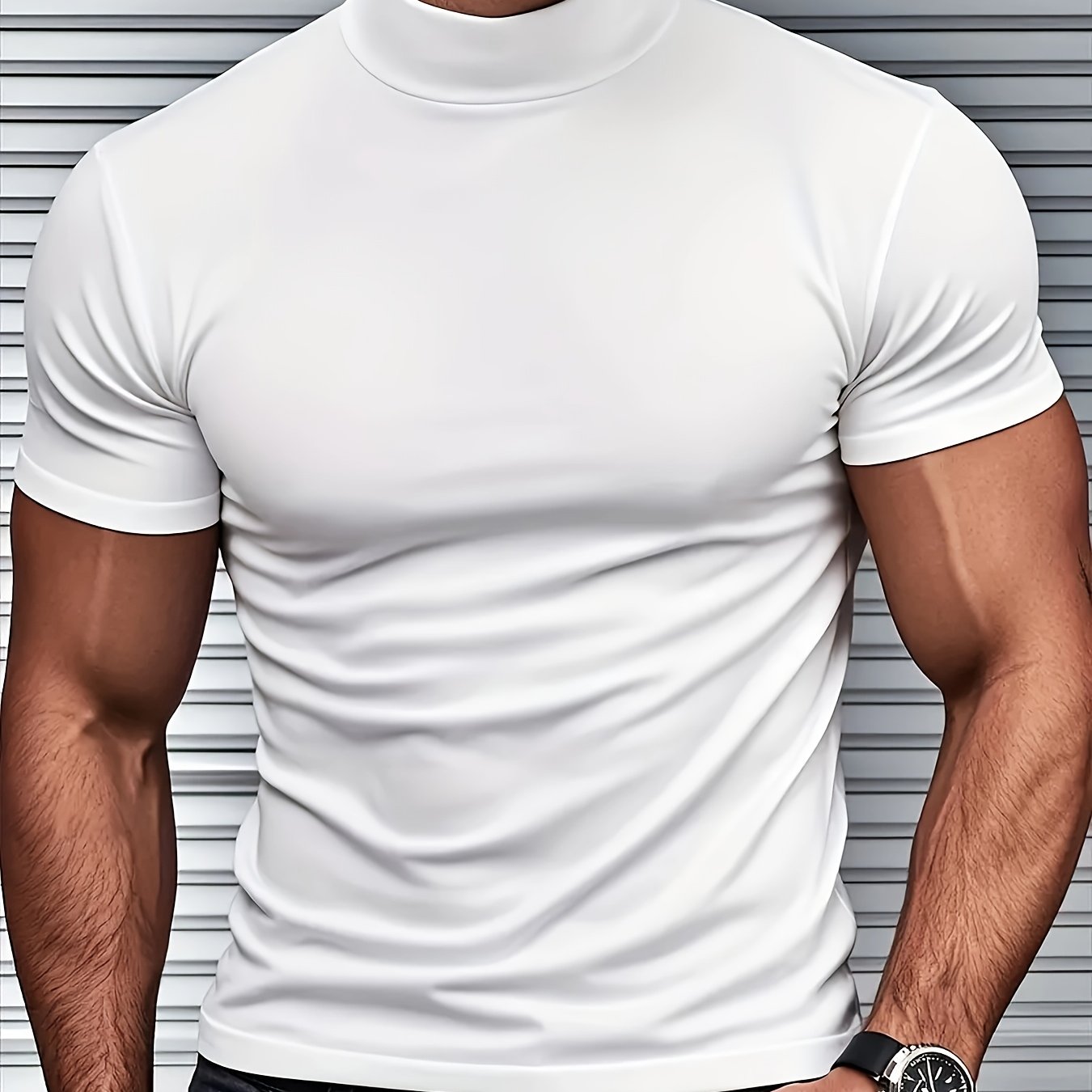 Men's Slim Fit Short Sleeve T-Shirt with Stand Collar Breathable Polyester Spandex for Gym and Outdoor Activities