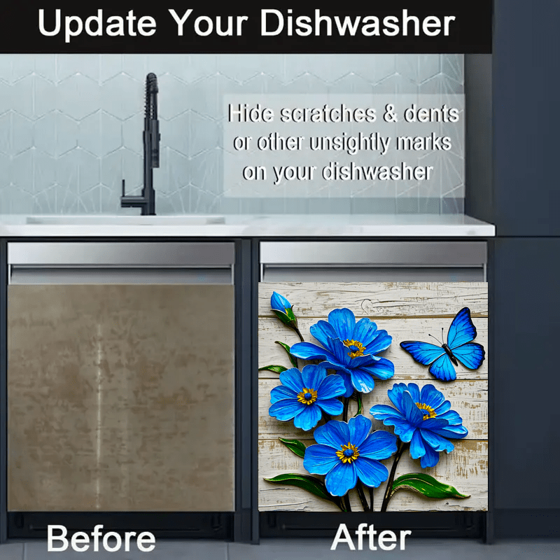 Blue Floral Butterfly Waterproof Vinyl Decal Sticker for Kitchen Appliances