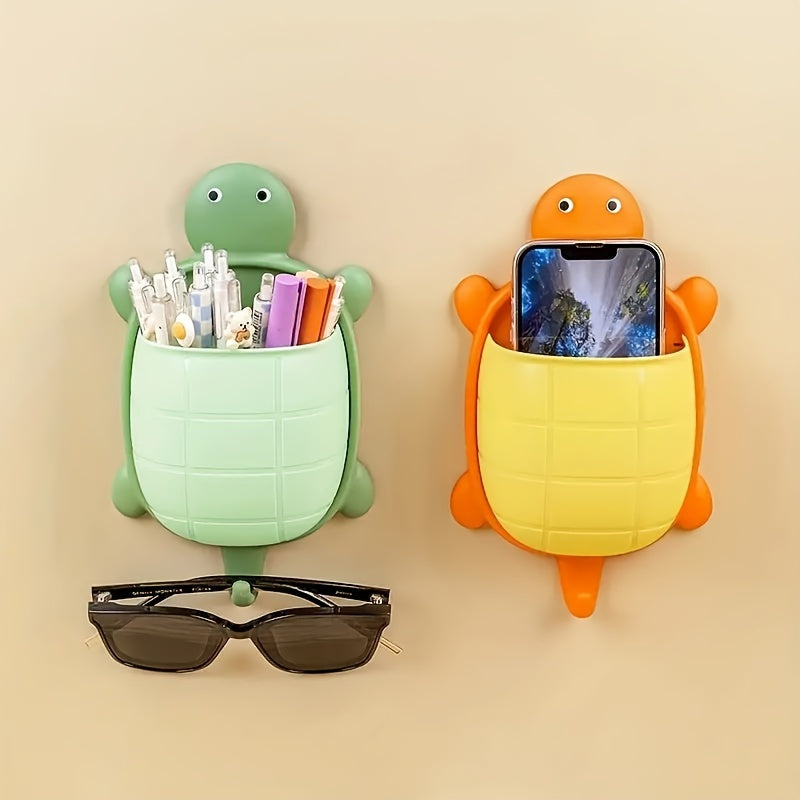 Turtle-Shaped Wall-Mounted Remote Control Holder with Self-Adhesive Storage for Bathroom and Makeup Organization