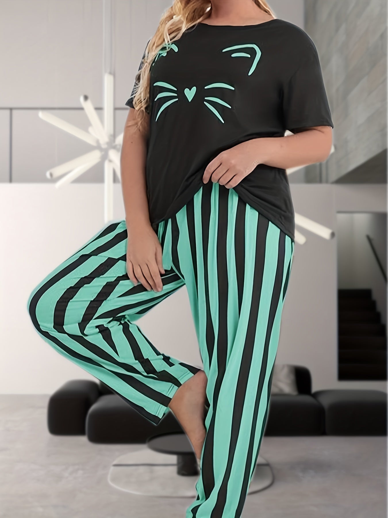 Plus Size Women's Pajama Set Cat Print Short Sleeve Top and Striped Pants