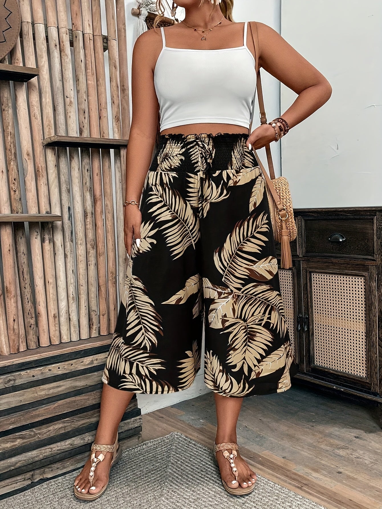 Women's Plus Size Tropical Print Wide-Leg Pants Black Gold Palm Leaf High-Waisted Summer Casual