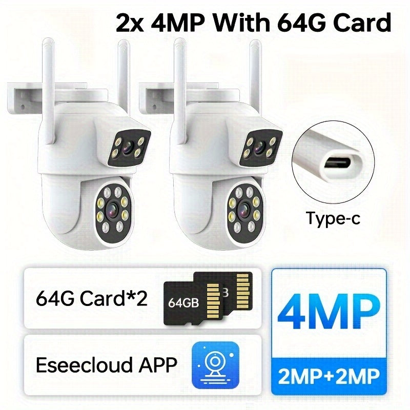 Cámaras de vigilancia de doble lente 4MP HD a prueba de agua, inalámbricas, con PTZ de 355°, visión nocturna