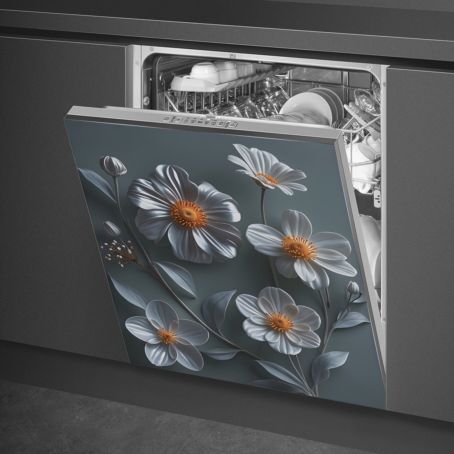 Magnetic Dishwasher Cover Reusable PVC Floral Sticker for Fridge Cabinet White Gray Daisy