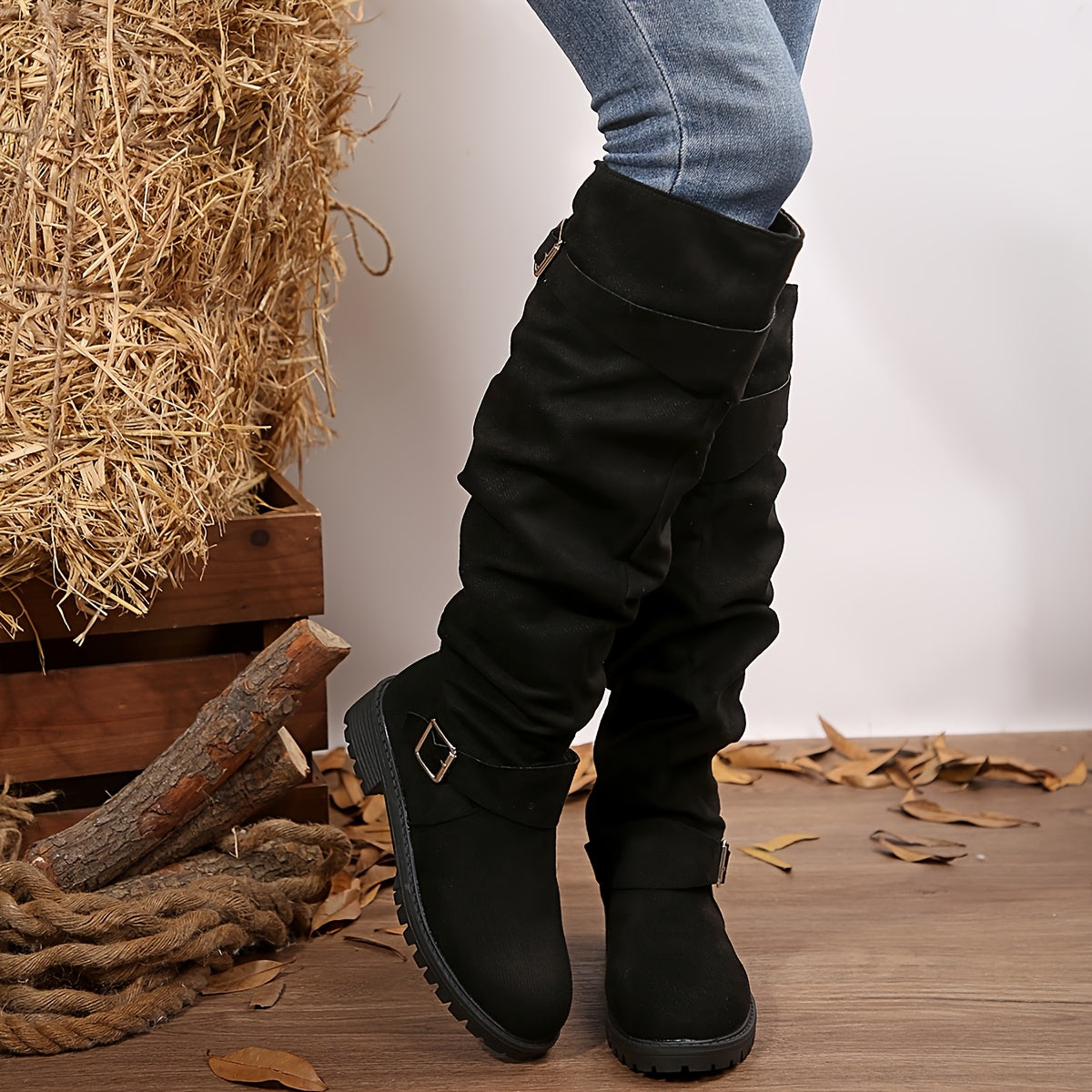 Women's Knee-High Slouch Boots Fabric Round Toe Block Heel All-Season