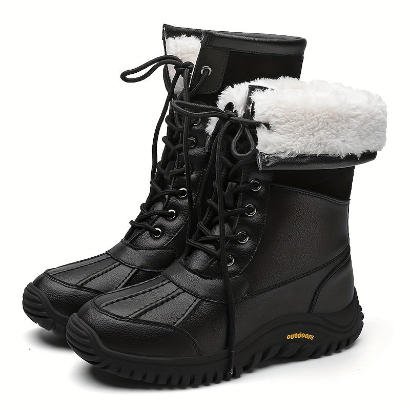 Women's Winter Snow Boots Plush Lined Non-Slip Thick Sole Lace-Up Black and White