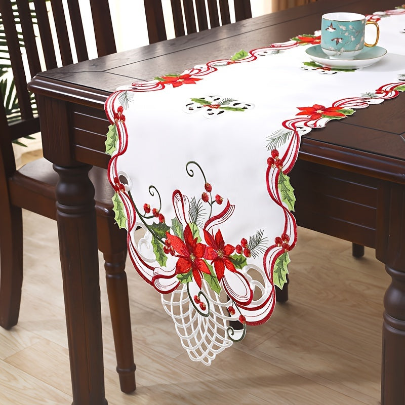 Christmas Embroidered Table Runner, Hand Hollowed, Holiday Decor, Dining Room