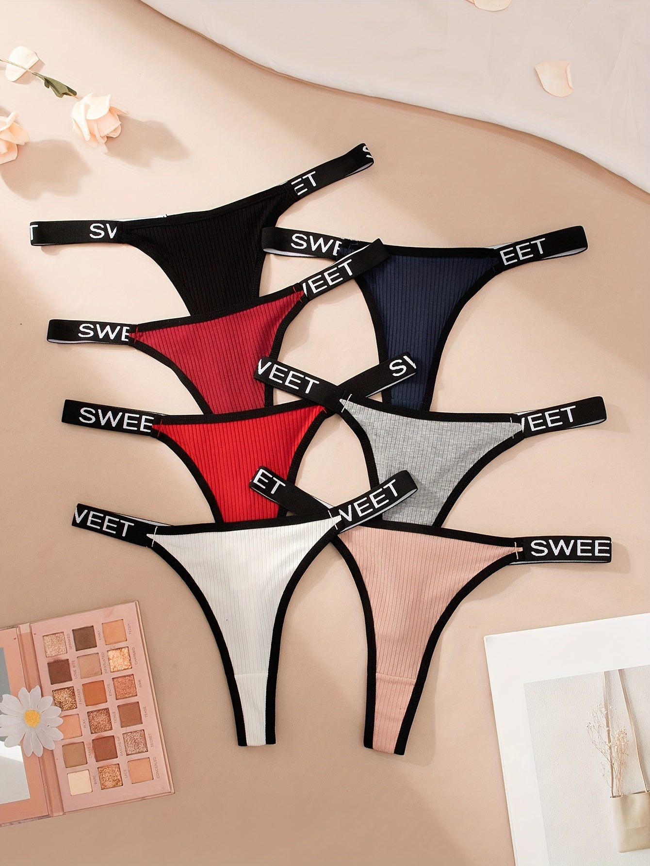 7pcs Women's Letter Tape Contrast Binding Thongs Comfortable Stretch Lingerie