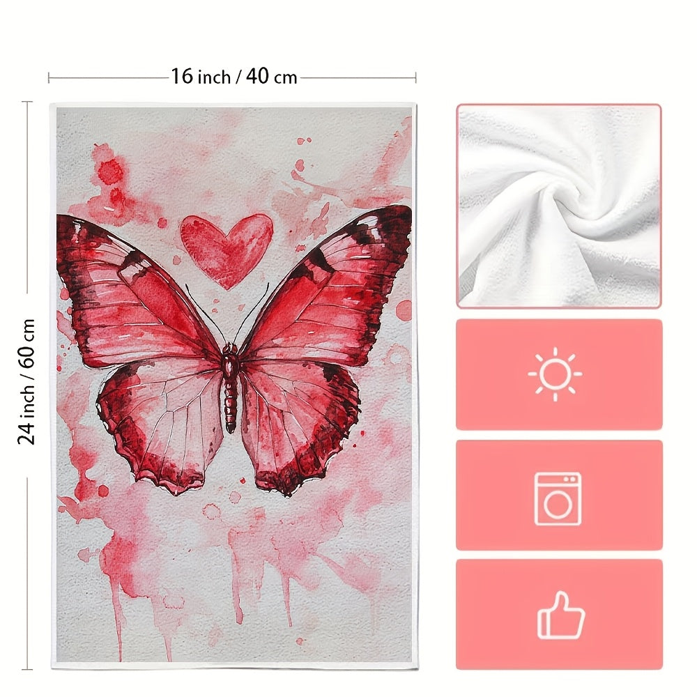 Valentine's Day Kitchen Towels Red Butterfly Heart Absorbent 16x24 Inches