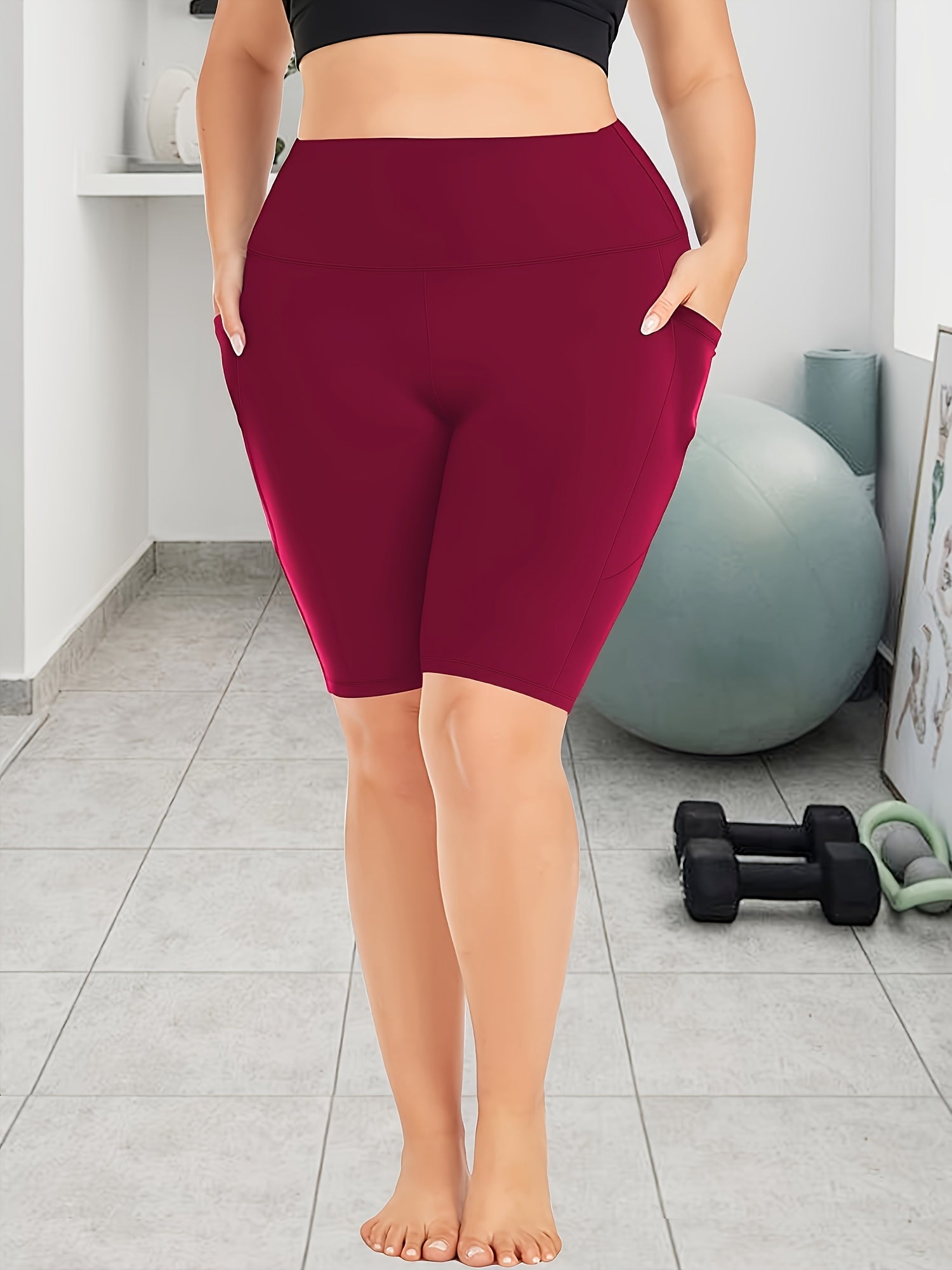 Женские леггинсы капри с высокой талией для полных, эластичные, однотонные, с карманами