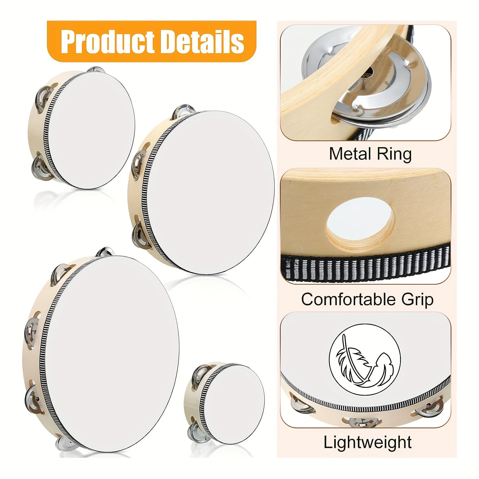 Бежевый полиэтилентерефталатный ручной тамбурин с металлическими бубенцами, образовательный музыкальный подарок для различных случаев.