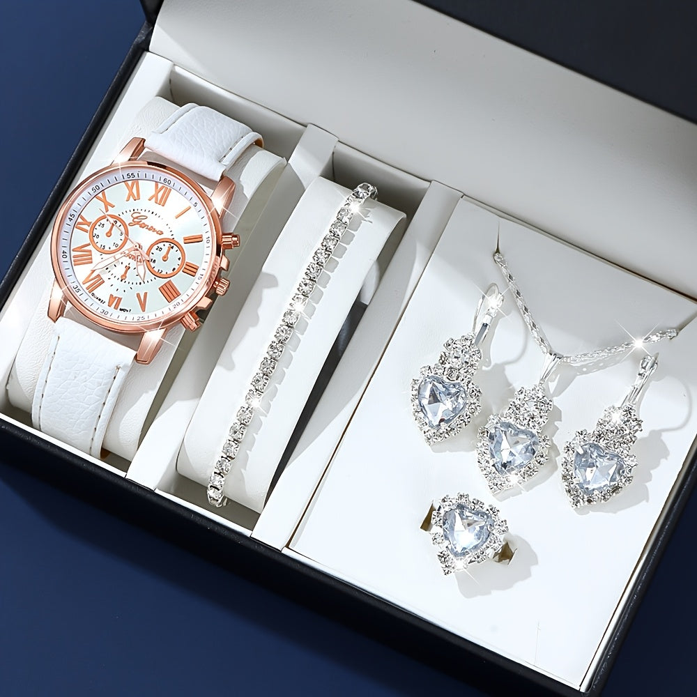 Quartz Watch and Jewelry Set with Shock-Resistant Round Analog-Digital Display and Blue Heart Accessory