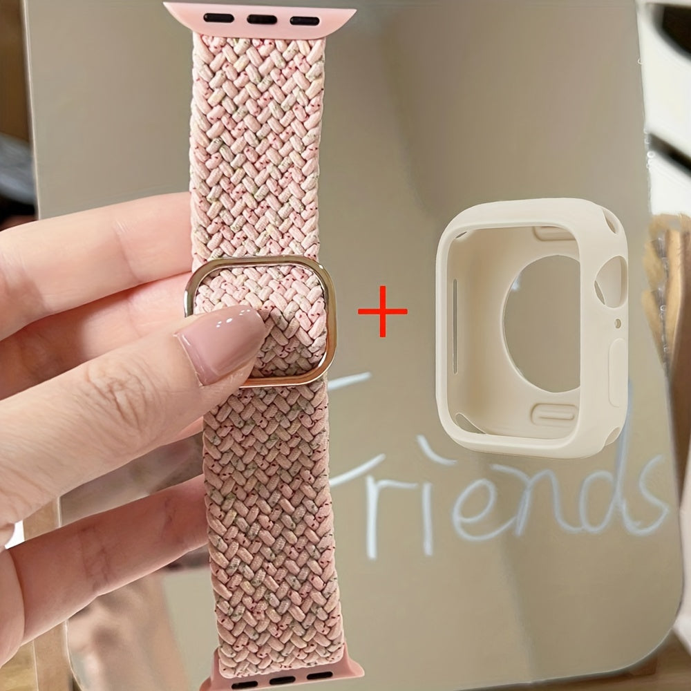 Adjustable Polyamide Watch Band Set with Breathable Elastic Woven Straps and Silicone Case for Apple Watch 38-49mm