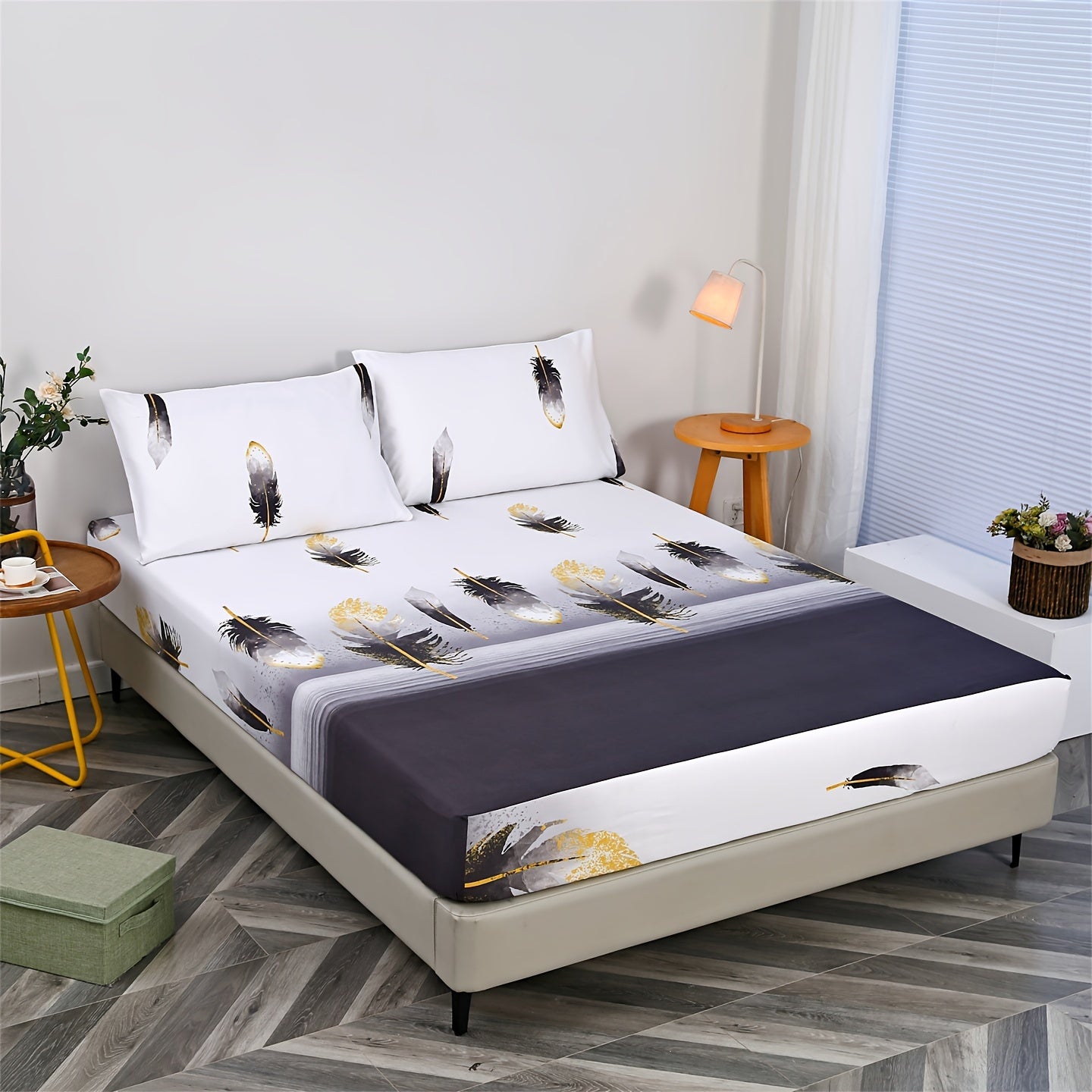 Conjunto de ropa de cama con estrella geométrica y gráfico de líneas, 3 piezas, sábana ajustable y fundas de almohada