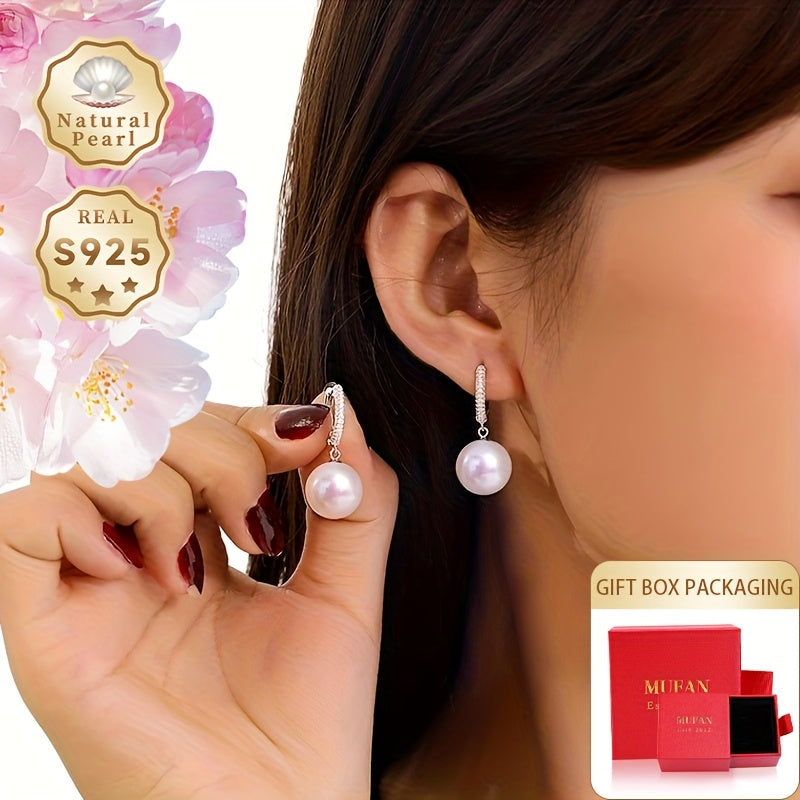 Sterling Silver Hoop Earrings with Freshwater Pearl for June Birthstone Gift