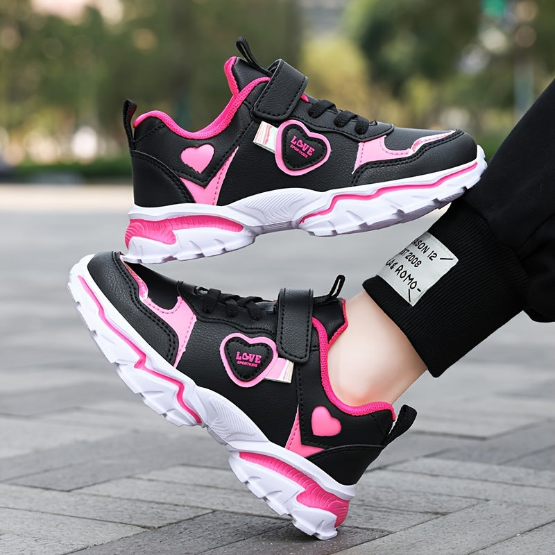 Girls Running Shoes Black and Pink Lightweight Glow-in-the-Dark Hook-and-Loop Sneakers