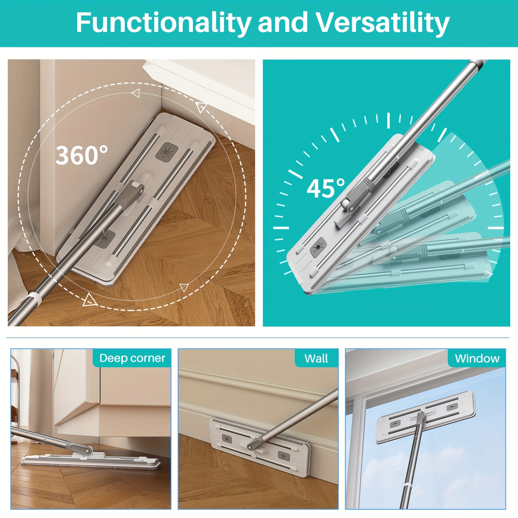 Uy uchun mop va kova to'plami, 2 ta tekis mop, 2 ta mato, qirqish, 360° buriladigan bosh bilan