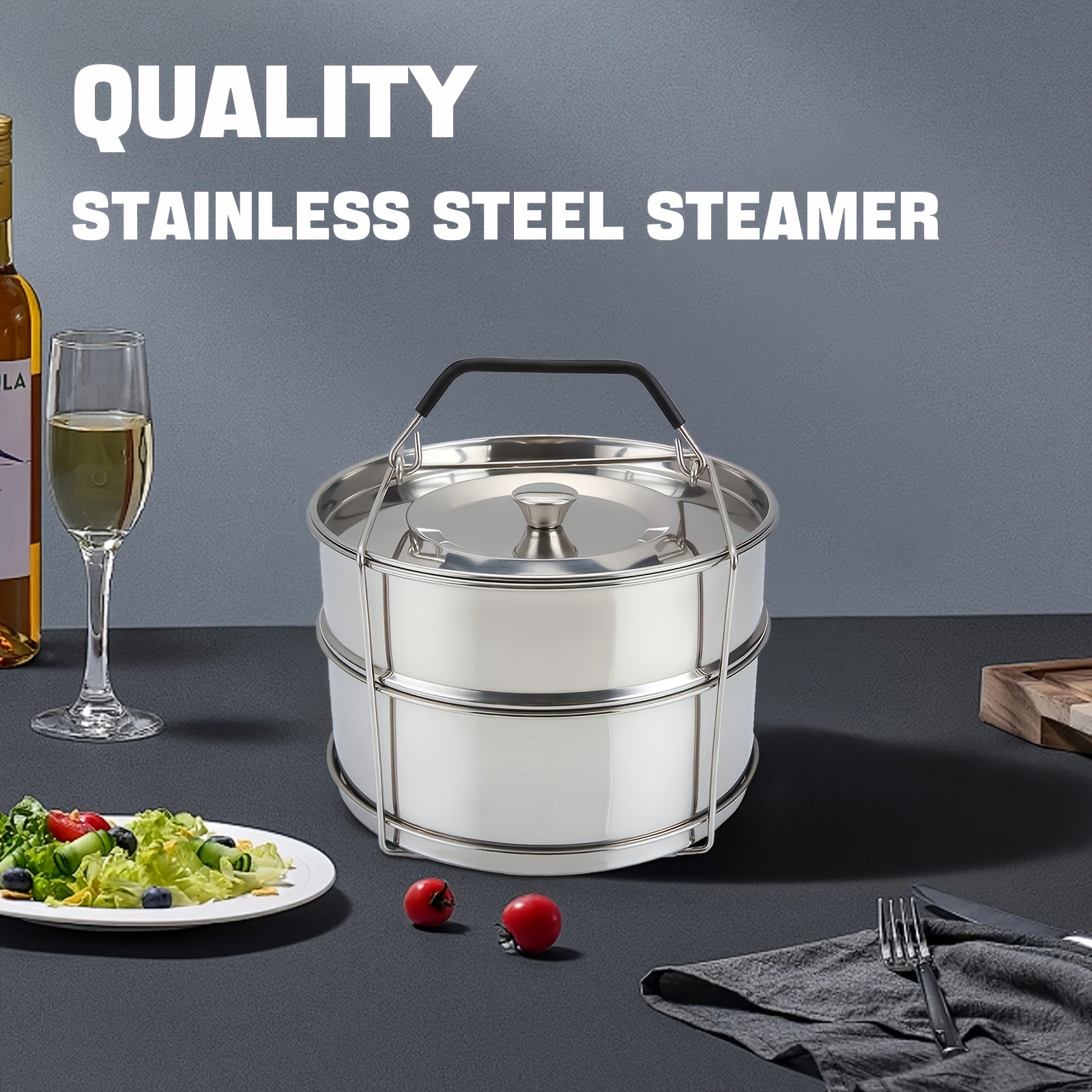 Suv o'tkazmaydigan po'latdan yasalgan bug'larni yopadigan qopqog'li bug'li idish, sabzavotlar va oziq-ovqatlarni sog'lom pishirish uchun