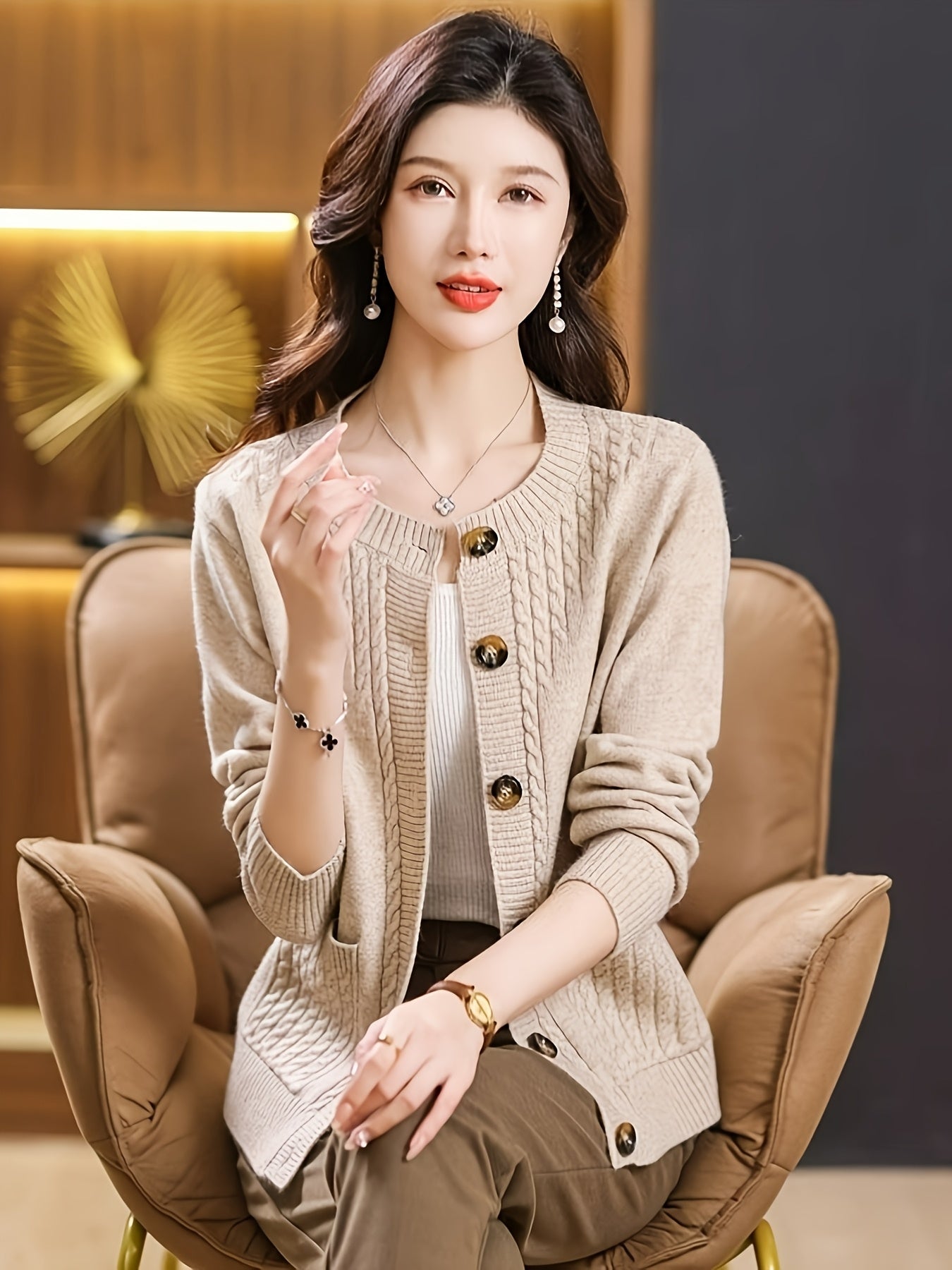 Women's Spring Cardigan with Long Sleeves Crew Neck Solid Color Knit Fabric