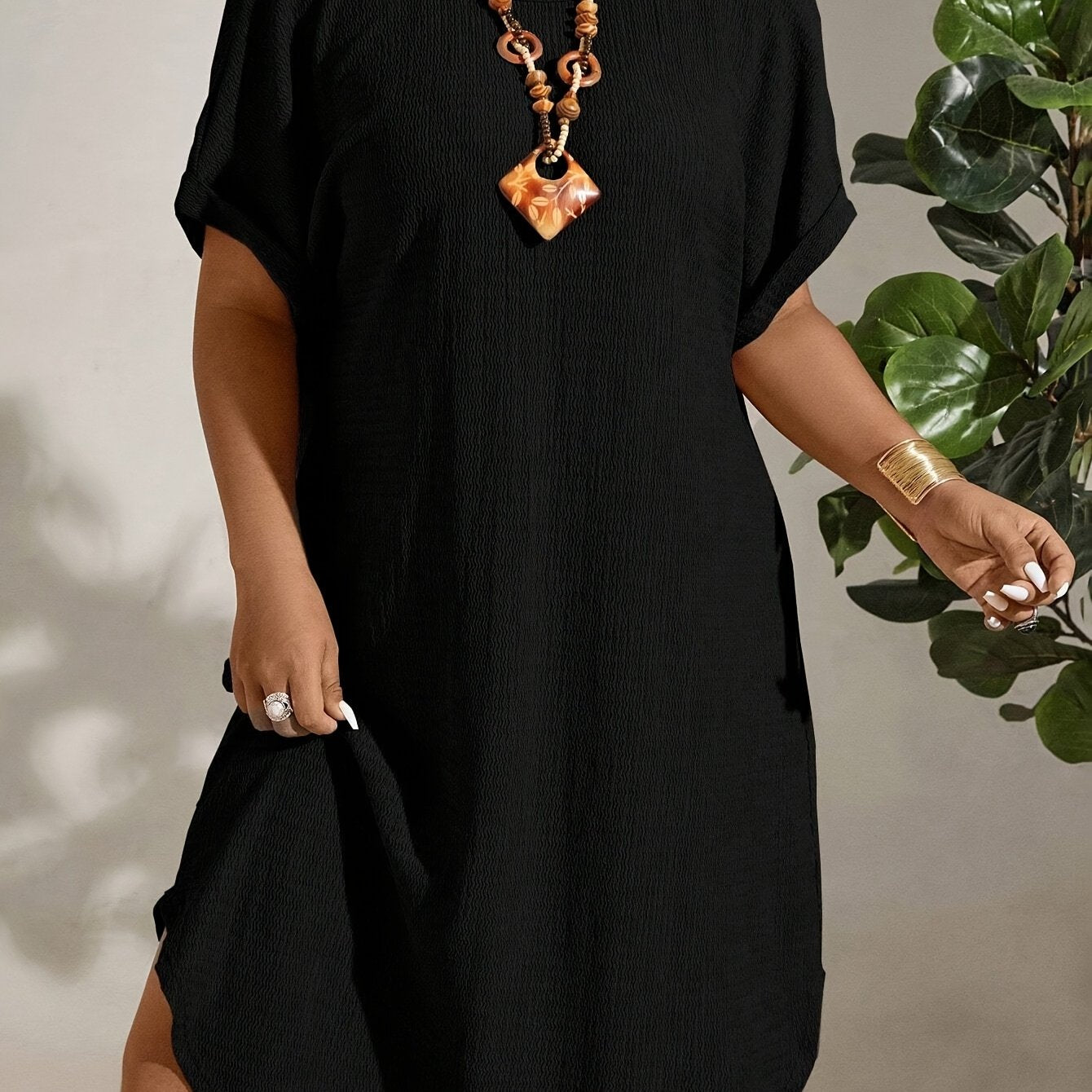 Plus Size Green Midi Dress with Batwing Sleeves V-Neck Textured Polyester for All Seasons