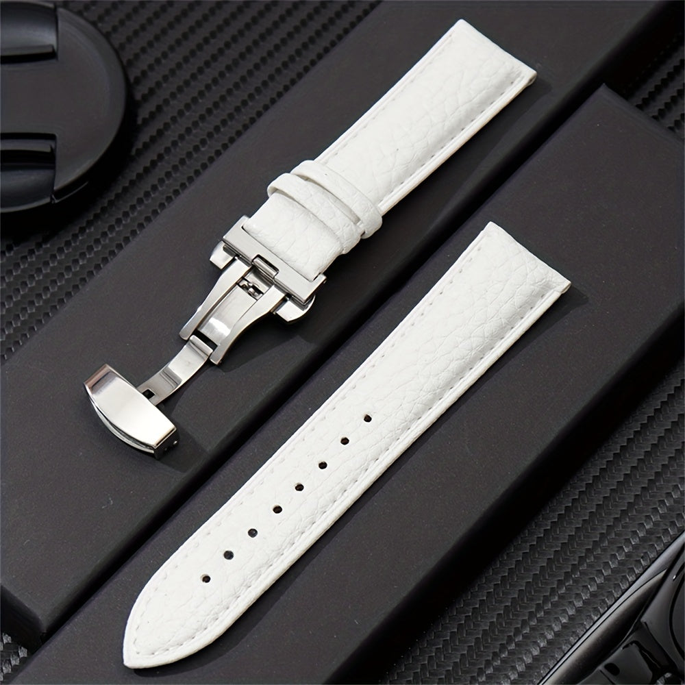 Synthetic Leather Watch Strap with Butterfly Clasp White Adjustable for Men Women