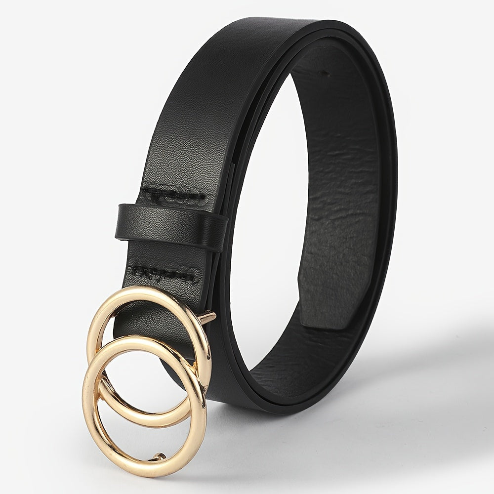 Women's Black PU Leather Belt with Double Circle Buckle for Casual Jeans