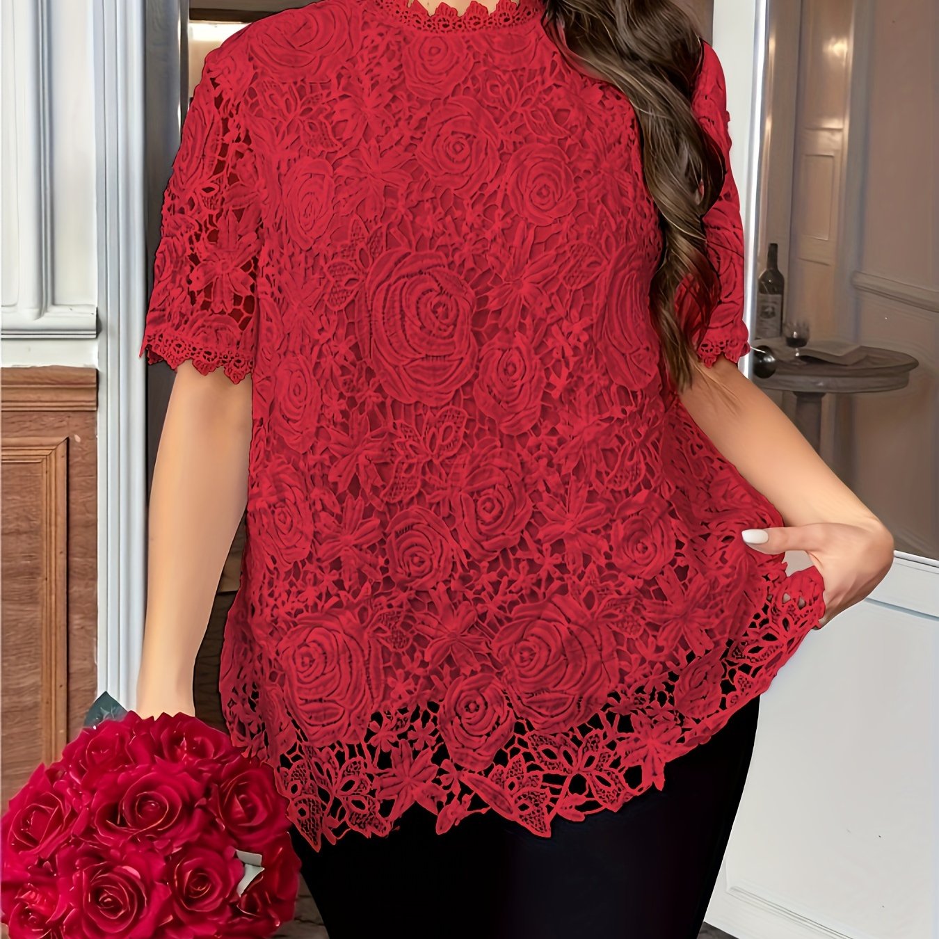 Plus Size Floral Lace Blouse Short Sleeve Solid Color Spring Summer Casual