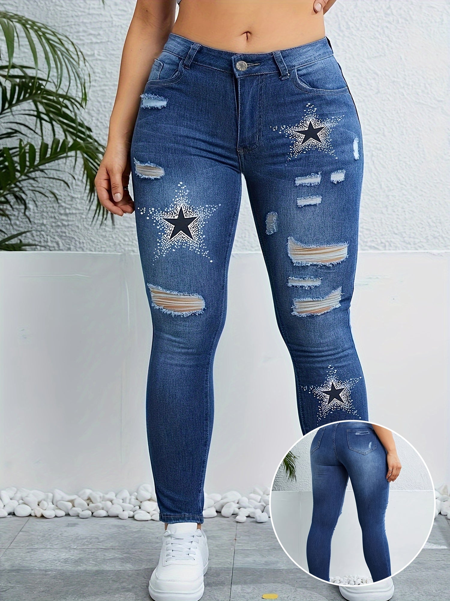 Women's High-Waist Star Print Distressed Skinny Jeans Stretch Denim Light Blue White Stars