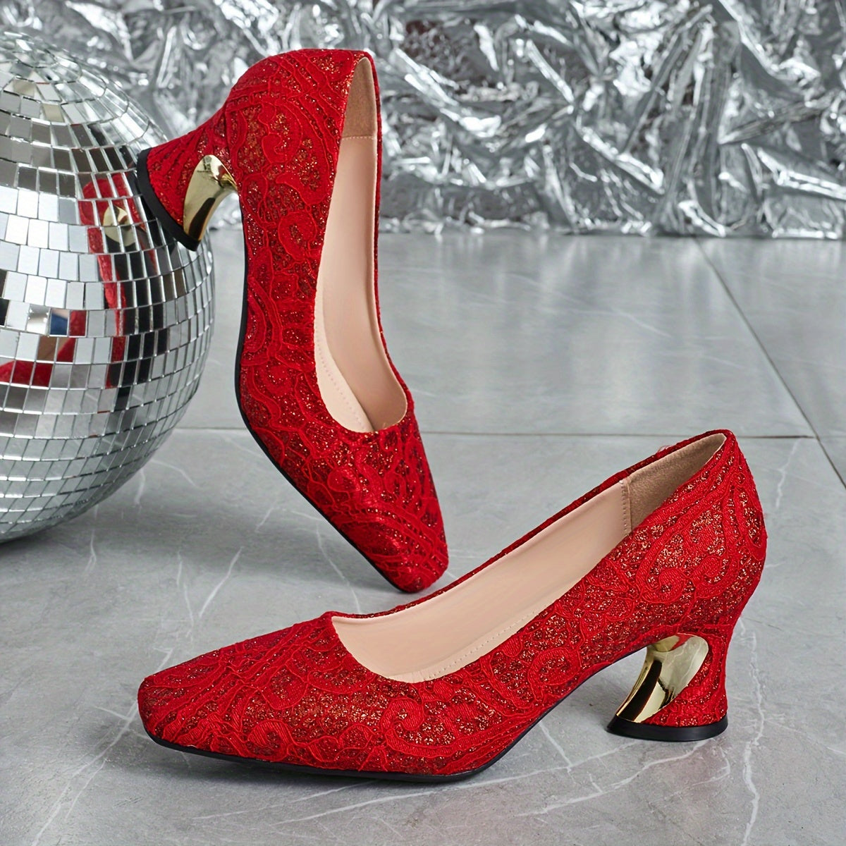 Women's Red High Heels Chunky Block Square Toe Cushioned Insole Non-Slip