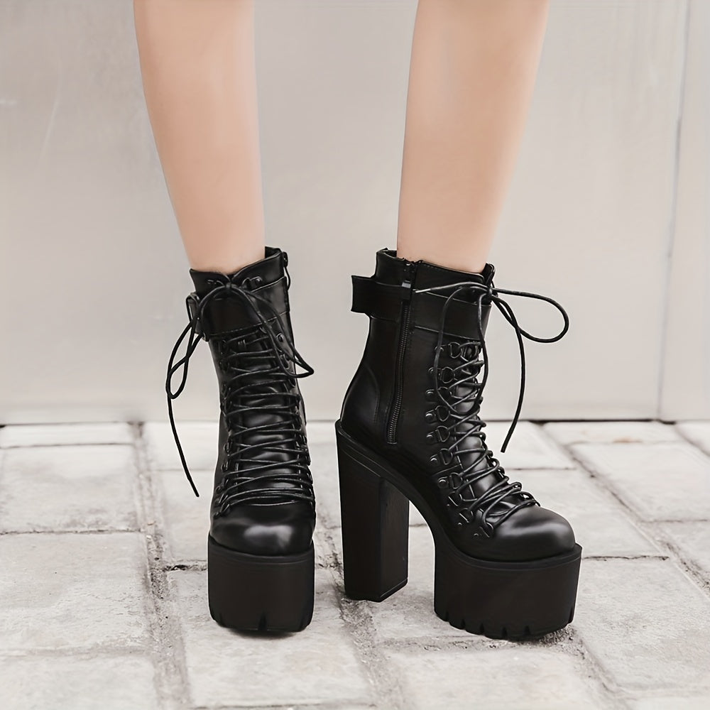 Women's Platform Chunky High Heel Ankle Boots Black Buckle Lace Up Motorcycle Shoes
