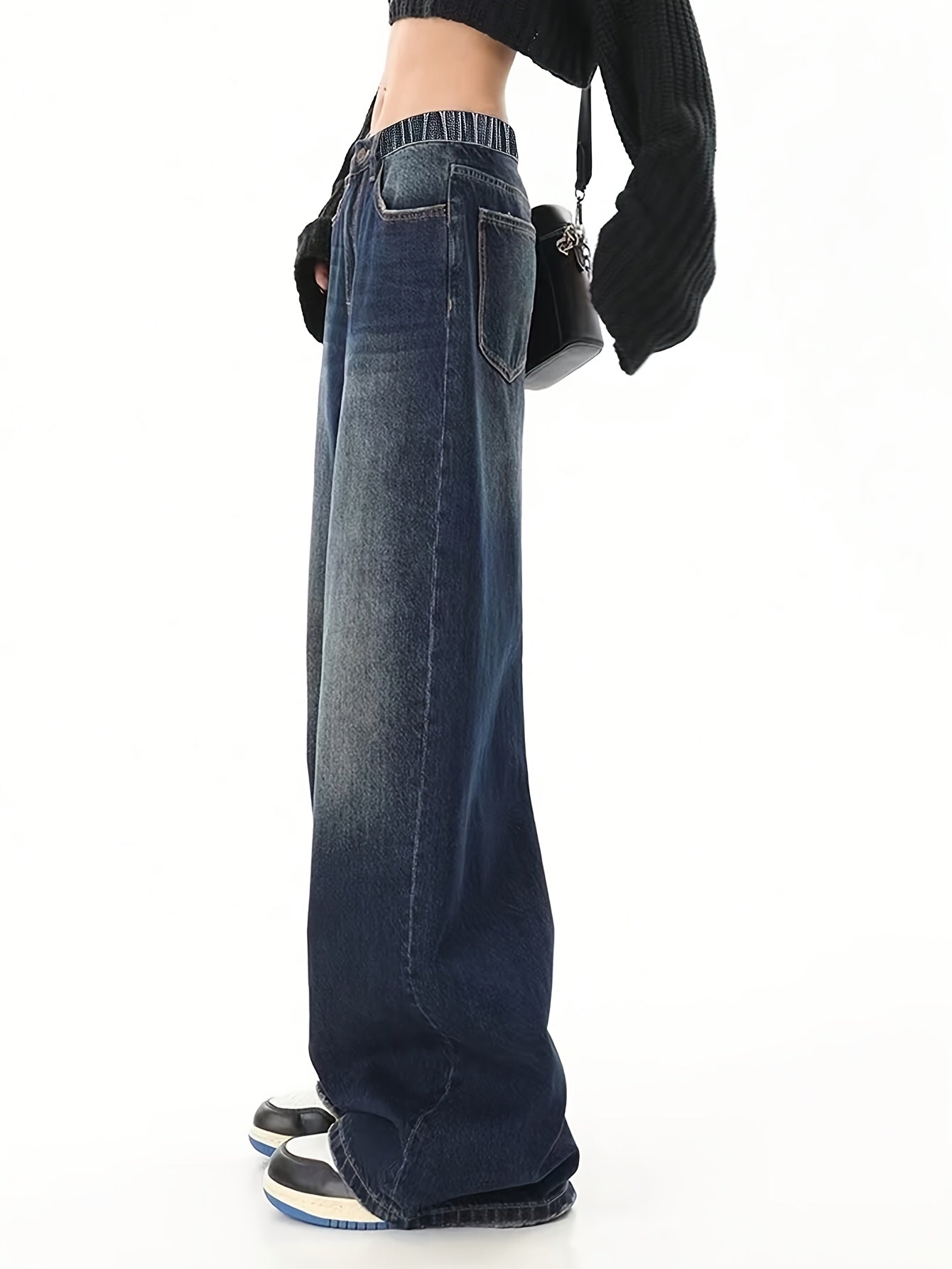 Teen Wide Leg Denim Jeans with Elastic Waist and Side Pockets for All Seasons