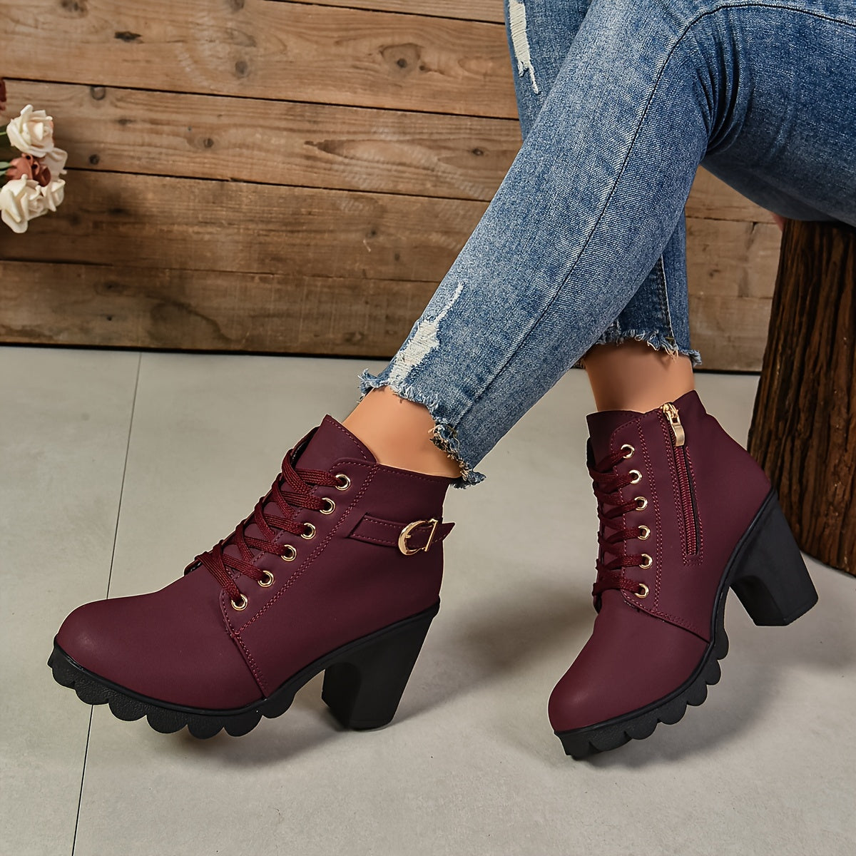 Women's Ankle Boots Synthetic Block Heel Casual Solid Color Comfort