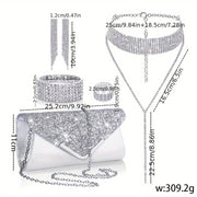 Ushbu hashamatli zargarlik to'plami bir juft sirg'a, bir bilaguzuk, bir uzuk, bir marjon va bir sumkadan iborat. Har bir buyum nafis tarzda kumush qoplamasi bilan bezatilgan va porloq rhinestone'lar bilan bezatilgan, haqiqatan ham ajoyib ko'rinish uchun.