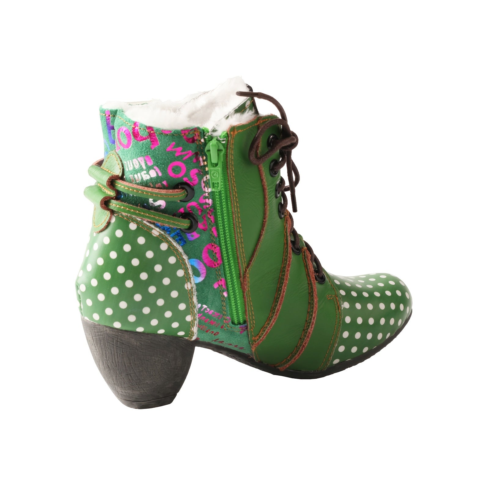 Women's Winter Ankle Boots Leather Mid Heel Lace-Up with Print