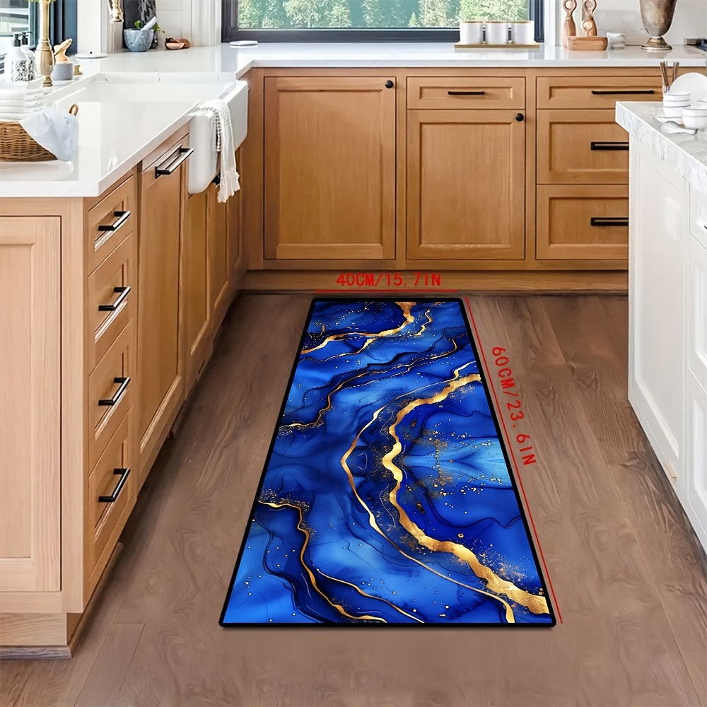 Blue and Gold Abstract Art Velvet Rug, Plush Anti-Skid Kitchen Mat