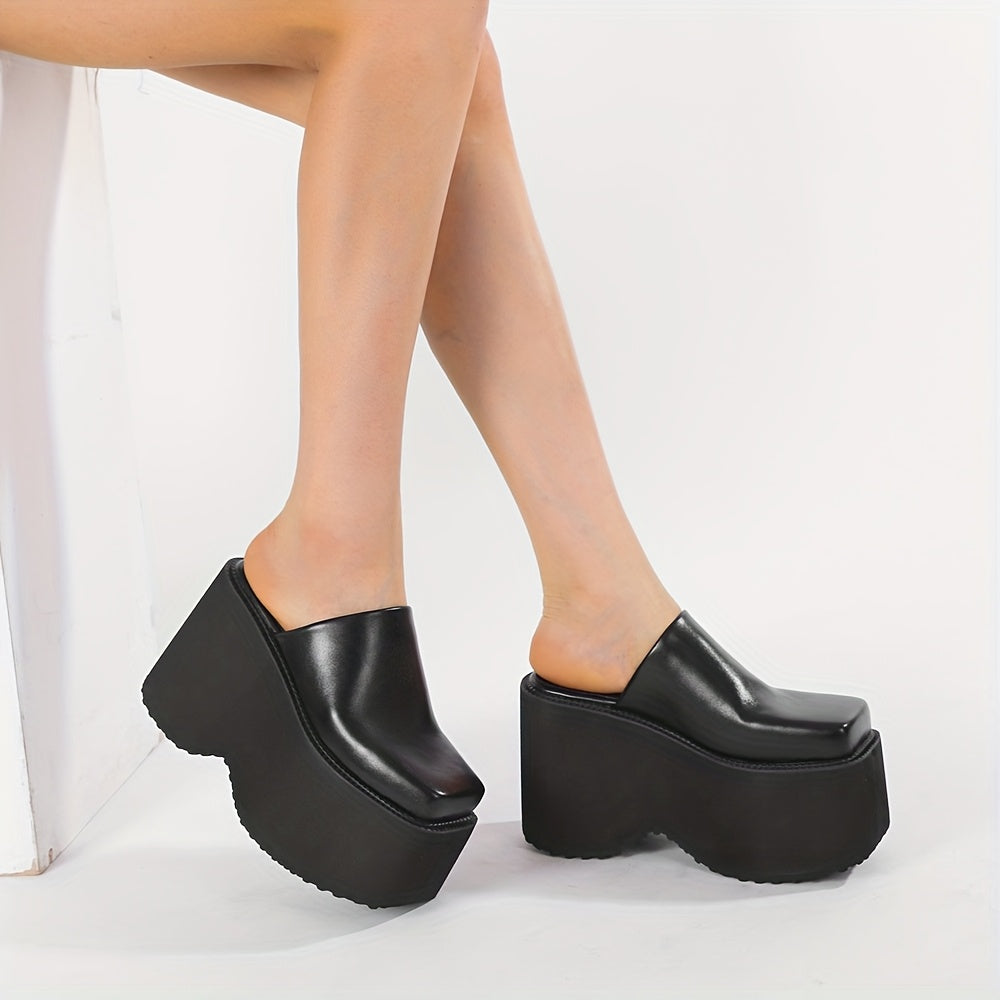 Women Black Square Toe Platform Mules Slip-On Loafers with Thick Heels